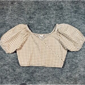 Sim & Sam Crop Top Womens M Tan Gingham Smocked Boho Puff Sleeve Cottagecore